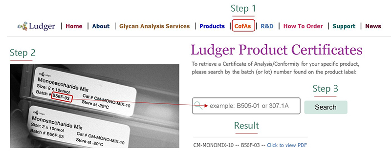 Ludger Product Certificate Search - Step by step